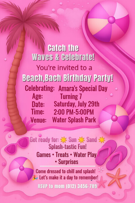 Pink Beach Bash Birthday Invitation for Girls | Editable 7th Birthday Pool Party Flyer | Splish Spla Affiche template