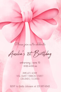 Pink Bow Birthday Invitation Banner 4 x 6 fod template