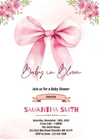 Pink bow bloom baby shower invitation A6 template
