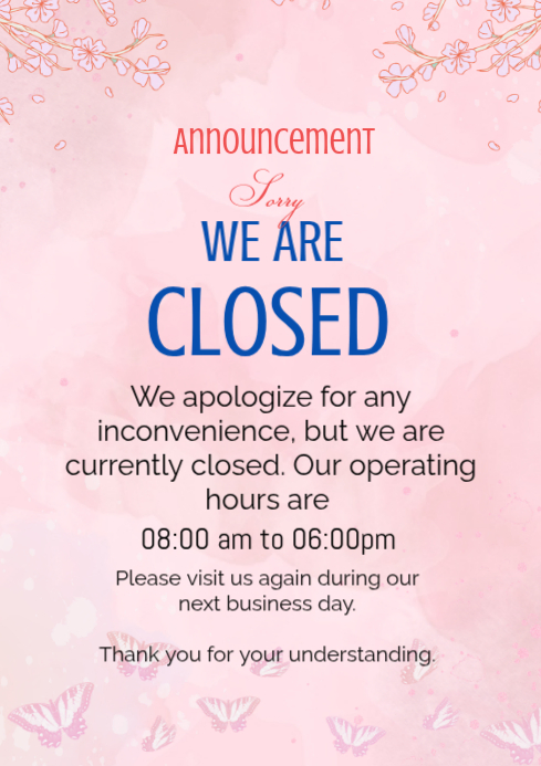 Pink Business Closure Announcement A4 sorry we are closed Template ...
