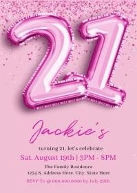 Pink  Confetti, 21st Birthday Invitation A6 template