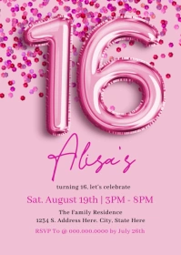 Pink Confetti 16th Birthday Invitation A6 template