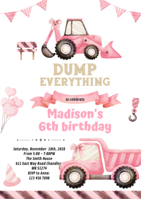 Pink Construction birthday invitation Template | PosterMyWall