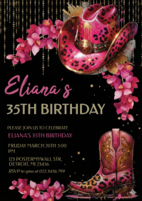 Pink Cowgirl 35th Birthday Invitation | Western Glam Party Flyer A4 template