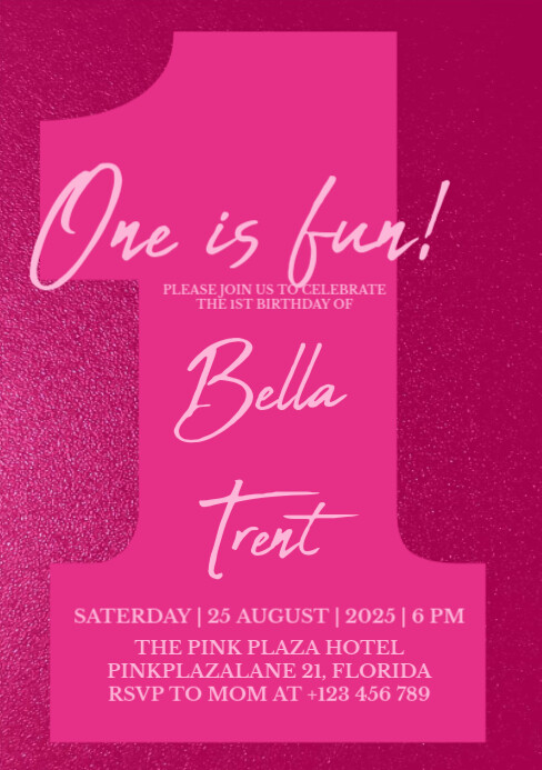 Pink first birthday invitation A5 template