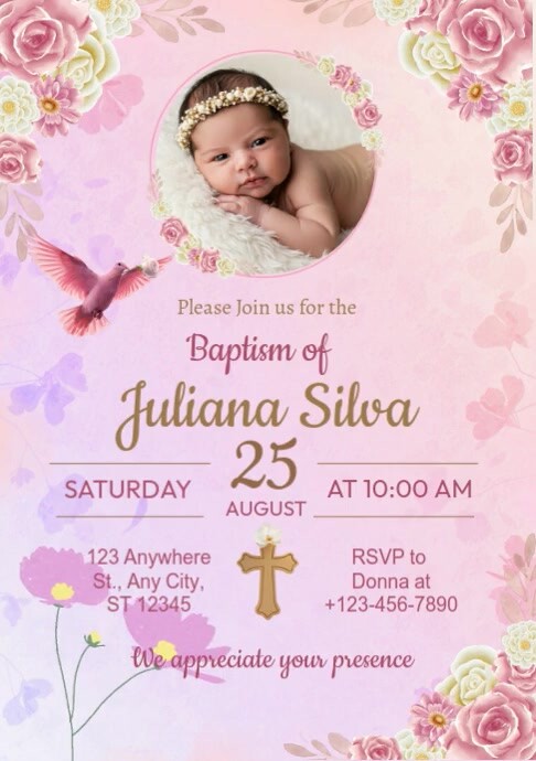 Pink Floral Baby Baptism A4 template