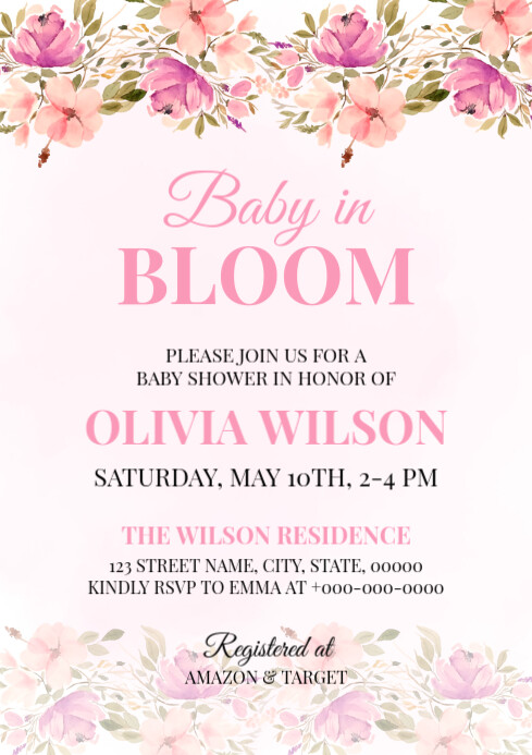 Pink Floral Baby In Bloom Shower Invitation A4 template