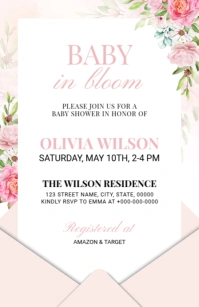 Pink Floral Baby In Bloom Shower Invitation Half Page Wide ความกว้างแบบครึ่งหน้า template