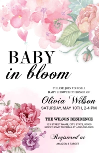 Pink Floral Baby In Bloom Shower Invitation Half Page Wide ความกว้างแบบครึ่งหน้า template