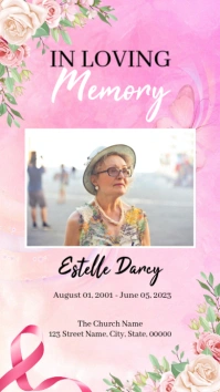 Pink Floral Breast Cancer Funeral Program Instagram Story template