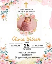 Pink Floral Christening Invitation Instagram Portrait template