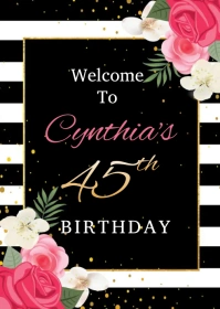 Pink Floral Confetti Sparkle Birthday Welcome A6 template