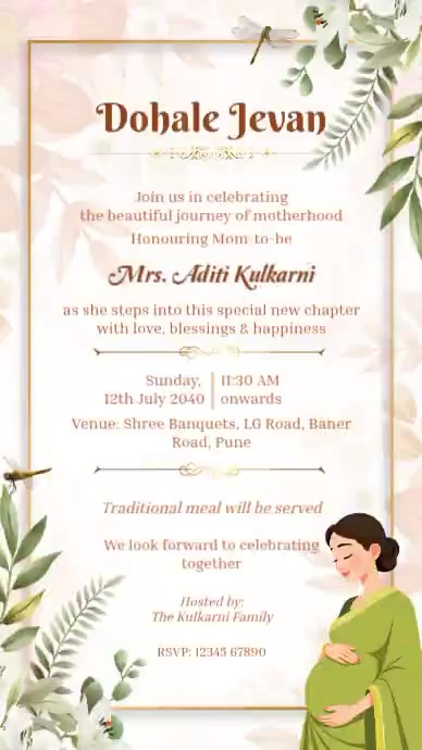 Pink Floral Dohale Jevan Invitation Card Video Template | PosterMyWall