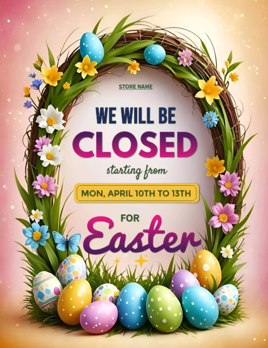 Pink Floral Easter Holiday Store Closed Notice Flyer | Business Easter ...