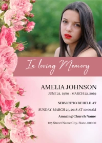 Pink Floral Funeral Announcement Invitation Card A6 template