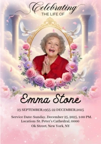 Pink Floral Funeral heavenly background A5 template