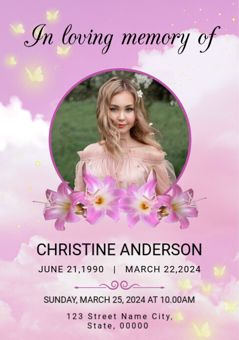 Pink Floral Funeral Program Template A5