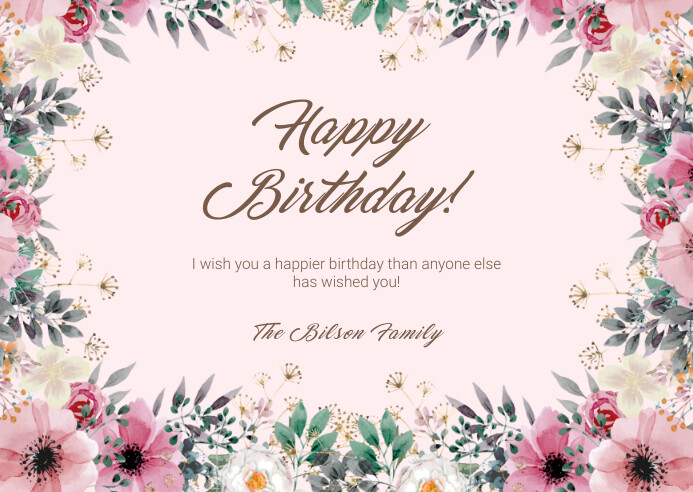 Pink Floral Happy Birthday Greeting Card A6 template