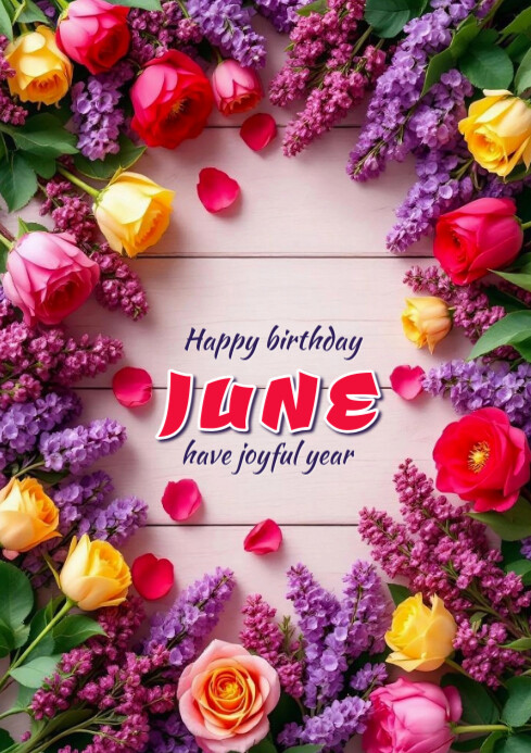 Pink Floral Happy Birthday June  A4 template