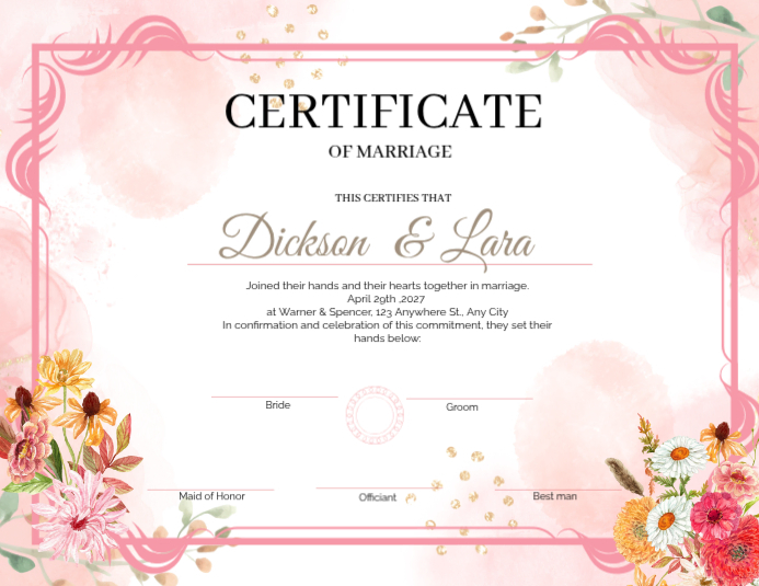 Pink Floral Marriage Certificate Flyer Template | PosterMyWall