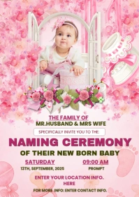 Pink Floral Naming Ceremony Template Design  A1