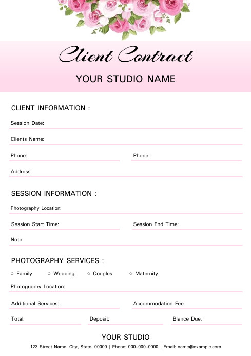 Pink Form Example Pink Floral Photography form Template | PosterMyWall