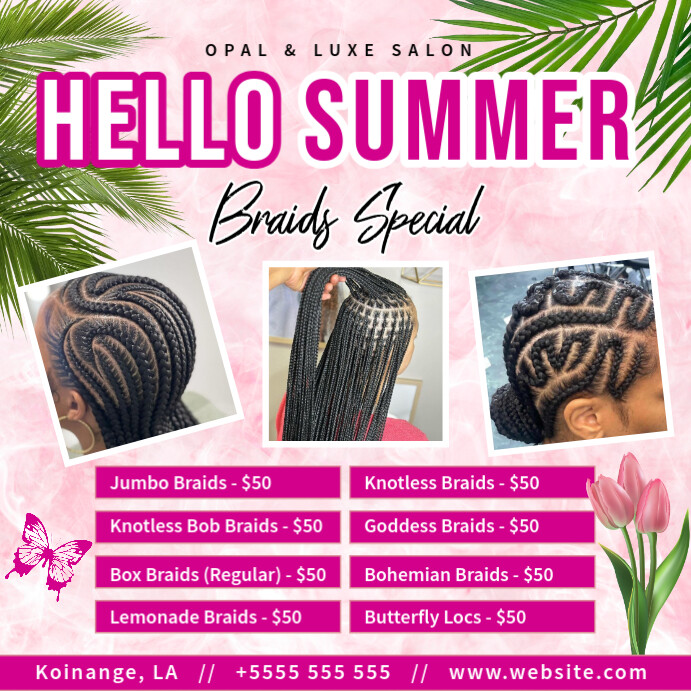 Pink Floral Summer Braid Sale Flyer Instagram Post template