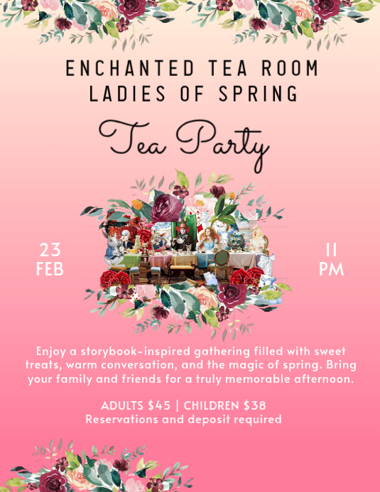Plantilla de Pink Floral Tea Party Flyer | PosterMyWall
