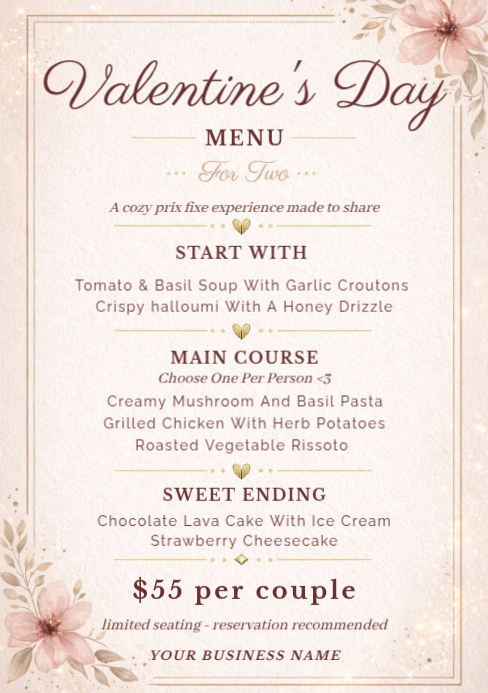Plantilla de Pink Floral Valentine’s Day Prix Fixe Menu Template ...