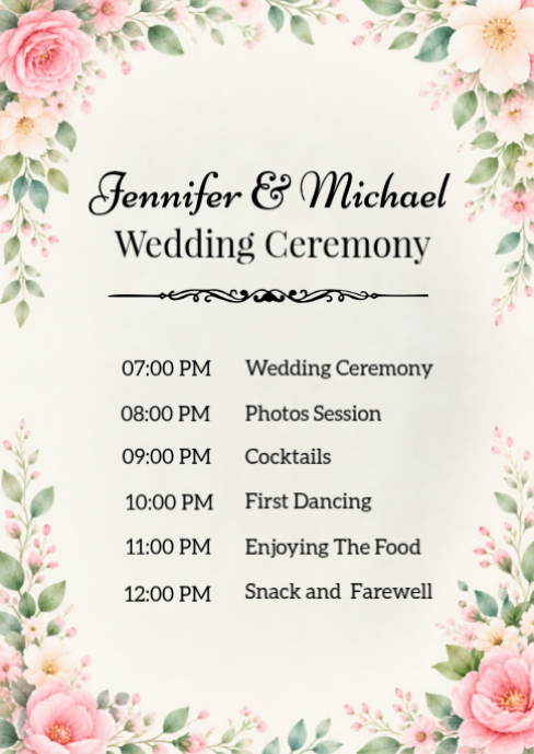 Pink Floral Wedding Ceremony Program A6 Template | PosterMyWall