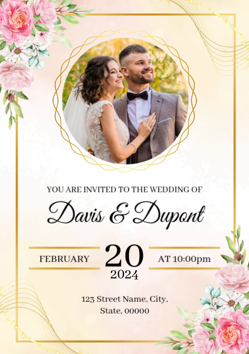 Pink Floral Wedding Invitation A5 template