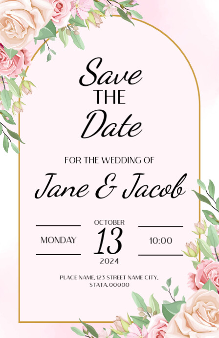 Pink floral wedding invitation Halfbladsy Breed template