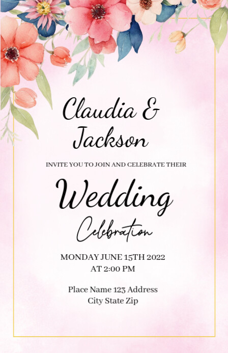 Pink Floral Wedding Invitation Template Meia página larga