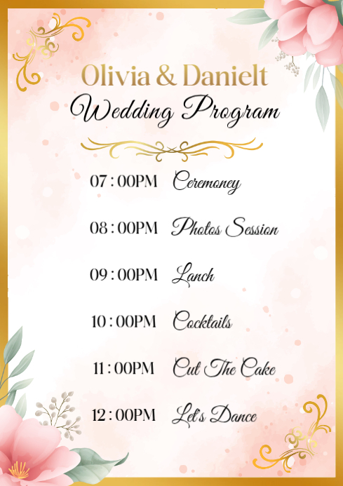 Layout Event Program Design Color Pink Pink Floral Wedding Program Template A4 | PosterMyWall
