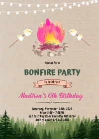 Pink glamping camp bonfire invitation A6 template