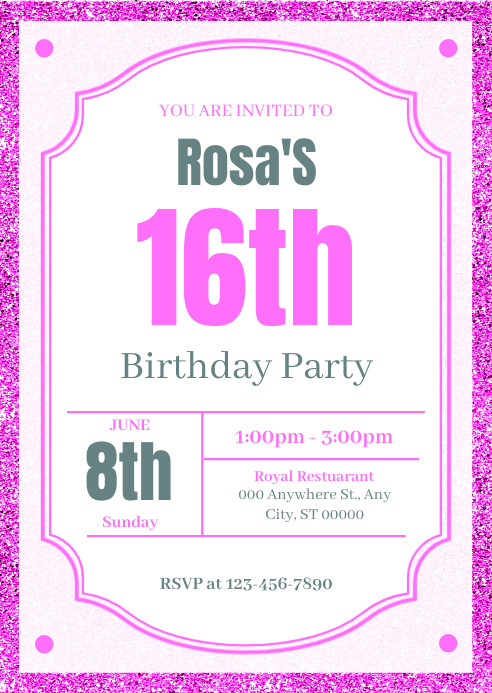 Pink Glitter Modern & Minimal Birthday Invitr A6 template