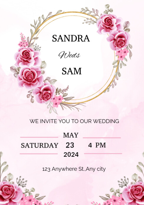 Pink Gold free Wedding Invitation A4 template