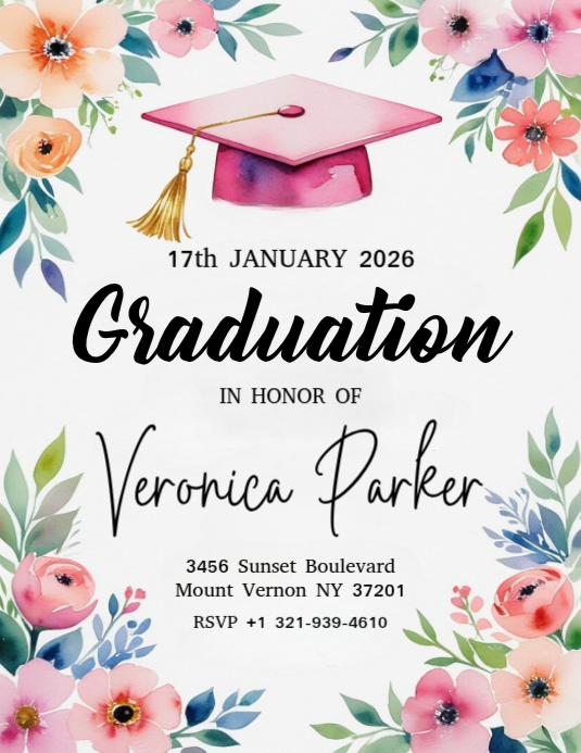 Copy of pink graduation cap floral graduation invitation | PosterMyWall