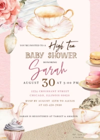 pink high tea party invitation A6 template