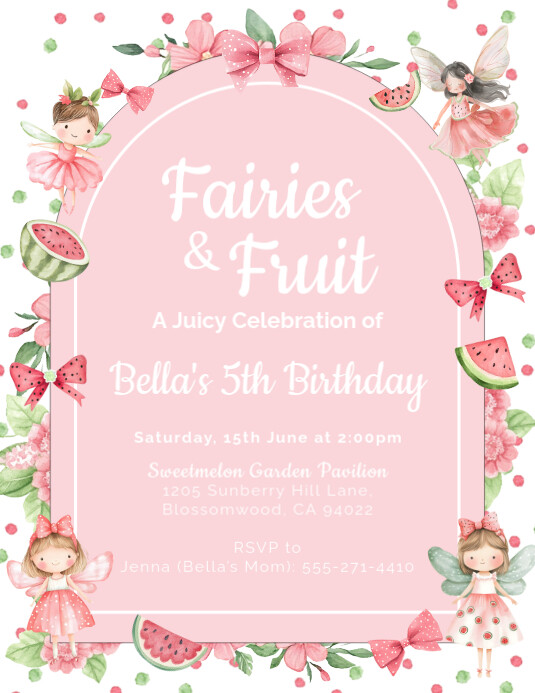 Pink Illustrative Fairy Birthday Invitation Flyer (us Letter) template
