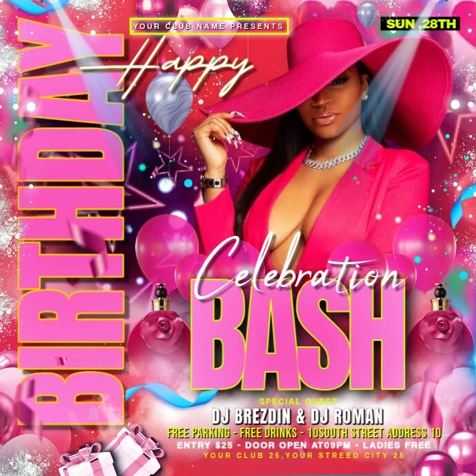 Pink Joyful Birthday Bash Celebration Party Flyer Square (1:1) template