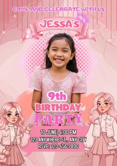 Pink Joyful Birthday Invitation Template A4