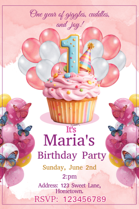 Pink Joyful First Birthday Celebration Poster Template | PosterMyWall