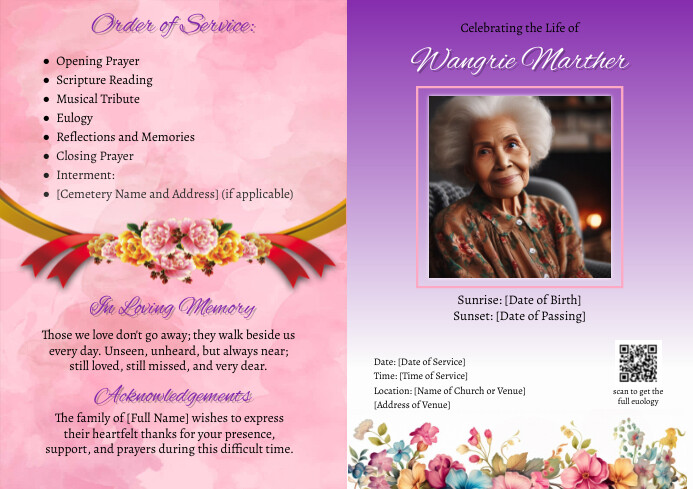 Pink Joyful Funeral Program Eulogy Template | PosterMyWall