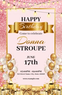 Pink Joyful Happy Birthday Invitation Half Page Wide Media Página Ancho template
