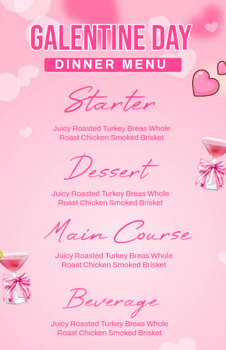 Pink List-based Galentine Day Dinner Menu Template Design Tabloid