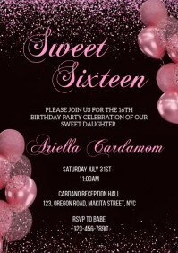 Pink Maximalist Glittery Sweet Sixteen Birthday Party Invitation  A4 template