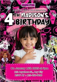 Pink Maximalist Monster High Birthday Invitation A4 template