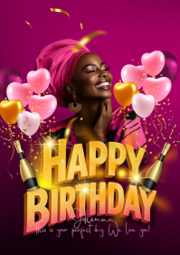 Pink Modern & Minimal Happy Birthday Pink Yellow A4 template
