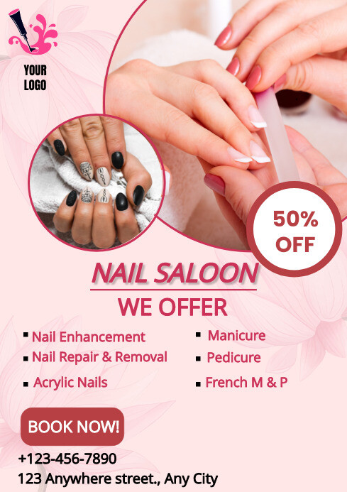 Pink Modern & Minimal Nail Salon Poster A4 template